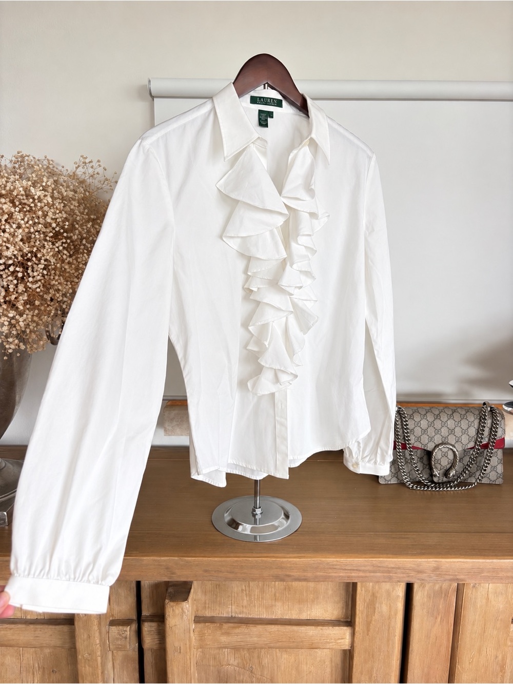 Lauren Ralph Lauren White Cotton Ruffle Shirt Jabot Blouse Shirt L Romantic Y2K - Picture 4 of 12